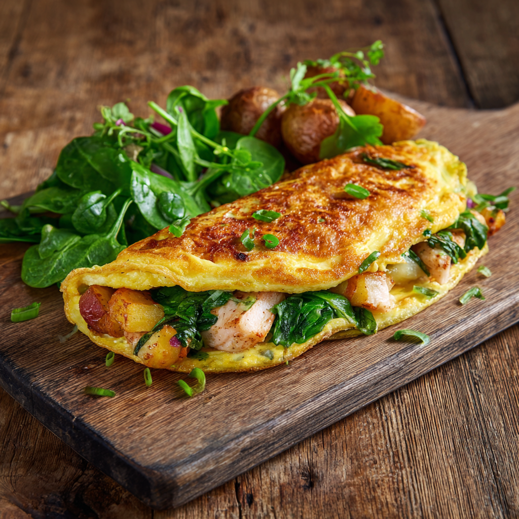 Omelet met zoete aardappel, kipfilet en spinazie, een eiwitrijke maaltijd voor spieropbouw en langdurige energie.